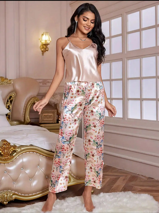 Romantic Floral Printed Satin Pajama Set