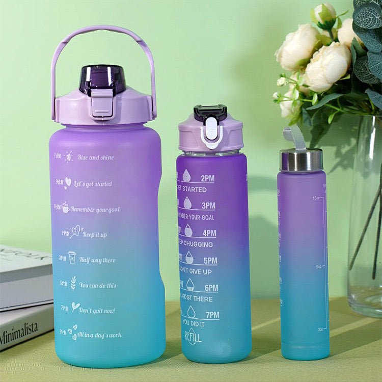 3 Pieces Sports Water Bottle With Straw,2L+900ml+500ml Measured Plastic Drinking BPA Free Non-Toxic