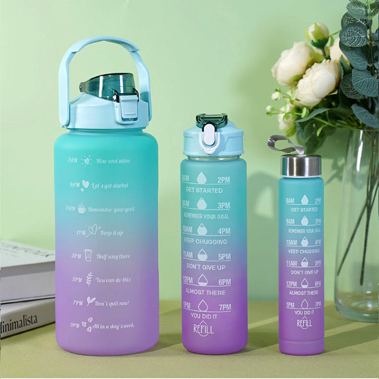 3 Pieces Sports Water Bottle With Straw,2L+900ml+500ml Measured Plastic Drinking BPA Free Non-Toxic