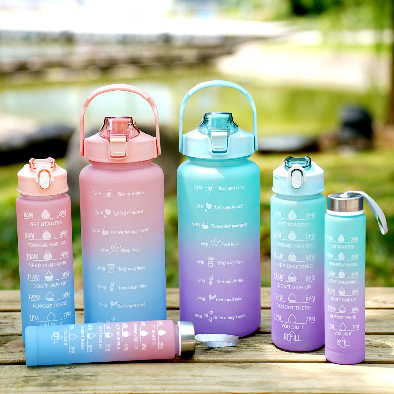 3 Pieces Sports Water Bottle With Straw,2L+900ml+500ml Measured Plastic Drinking BPA Free Non-Toxic