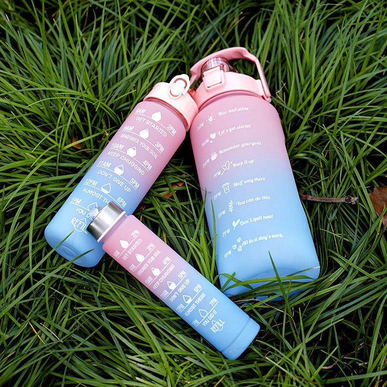 3 Pieces Sports Water Bottle With Straw,2L+900ml+500ml Measured Plastic Drinking BPA Free Non-Toxic