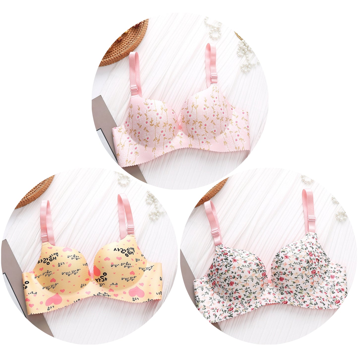 5 Pieces/ 3 Pieces Flower Print Seamless and Wireless Push Up Bra