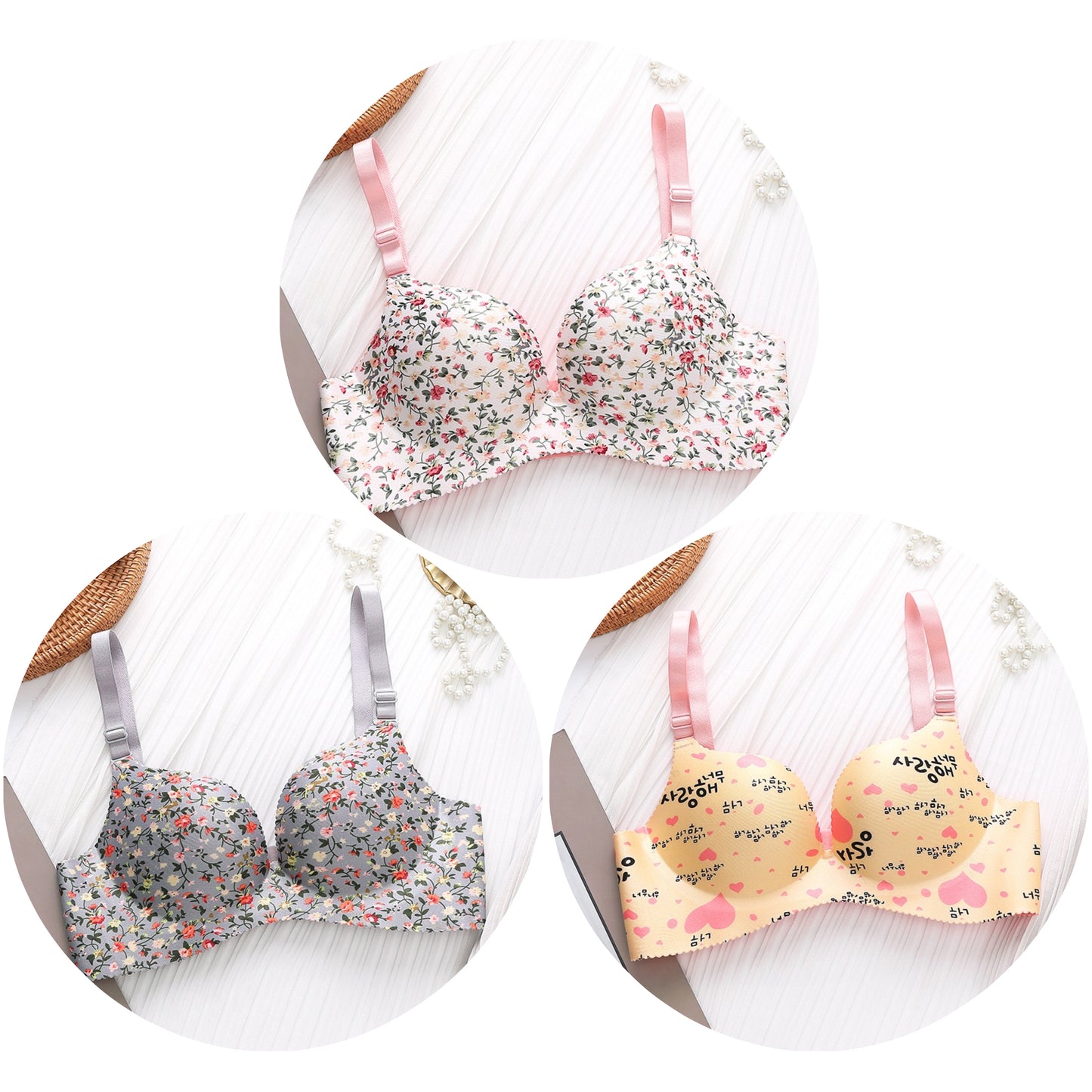 5 Pieces/ 3 Pieces Flower Print Seamless and Wireless Push Up Bra