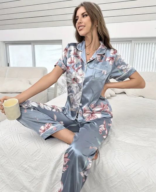 Women 2 Pieces Pajama Set Night Dress Floral Print Short Sleeve Lounge Set