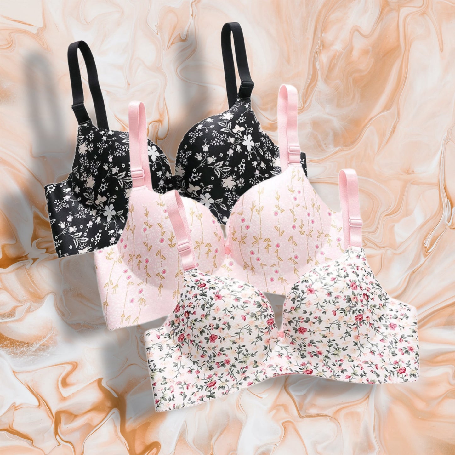 5 Pieces/ 3 Pieces Flower Print Seamless and Wireless Push Up Bra